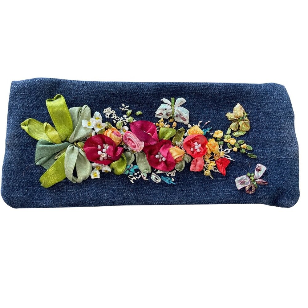 Handmade Denim Pouch Floral Ribbon Embroidery 7.5 Inches Pencil Case Organizer